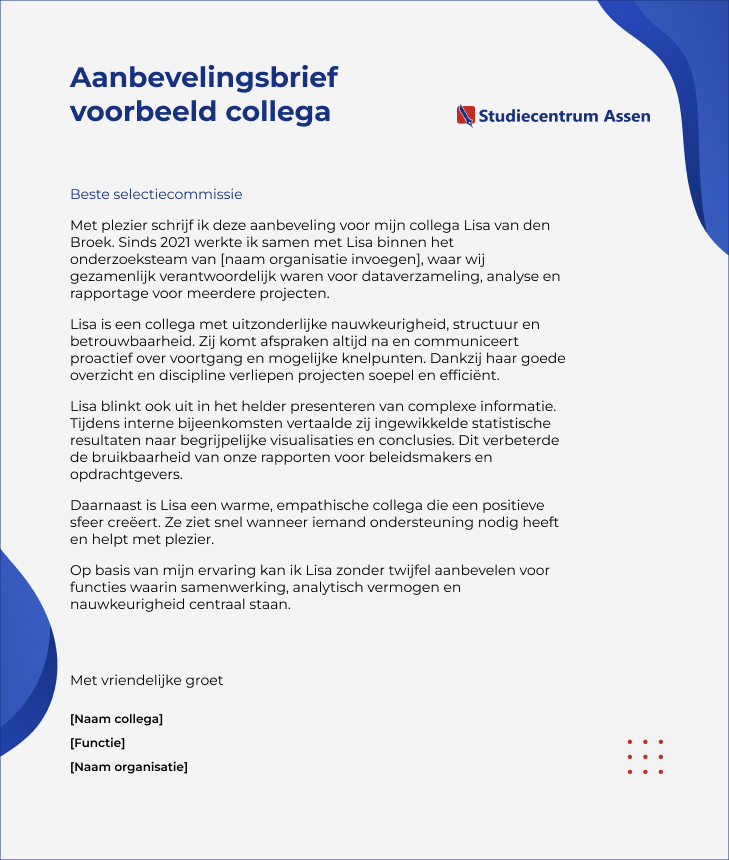 Aanbevelingsbrief voorbeeld collega