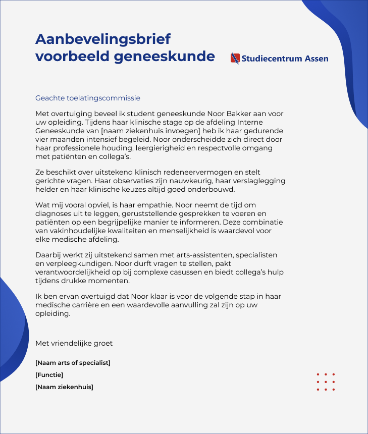 Aanbevelingsbrief voorbeeld geneeskunde