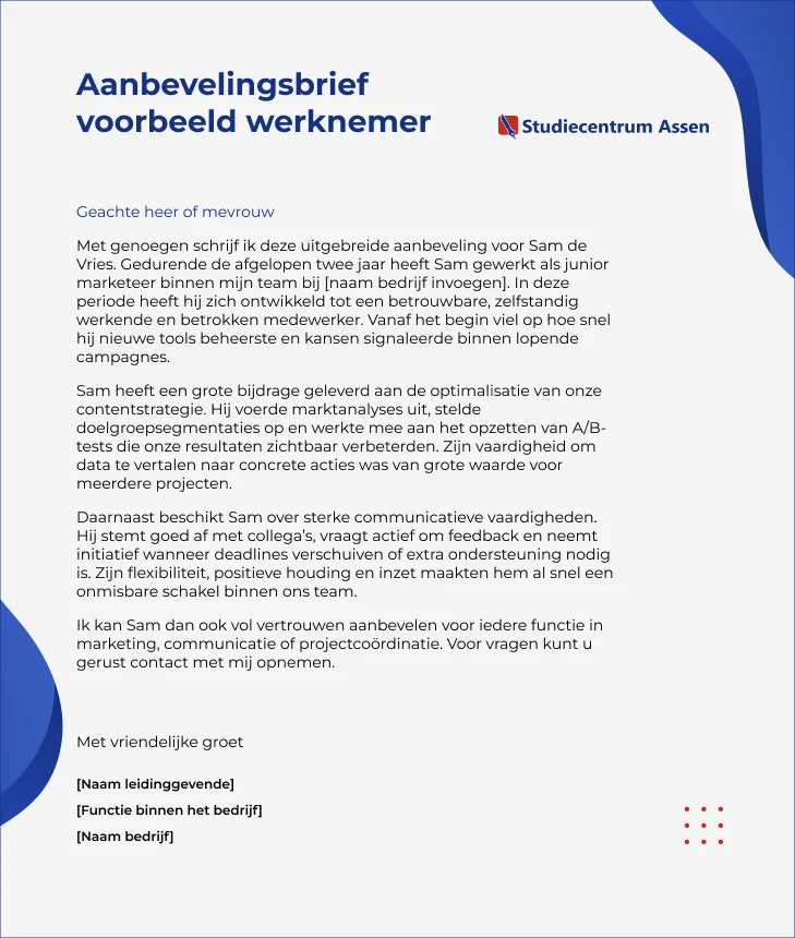 Aanbevelingsbrief voorbeeld werknemer