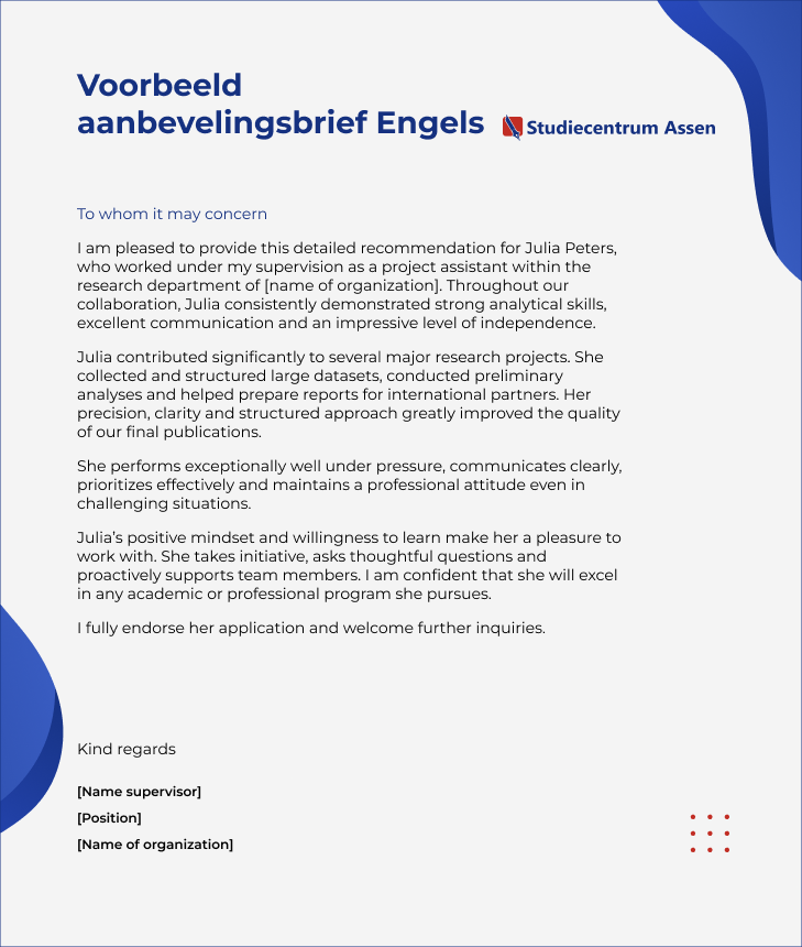 Voorbeeld aanbevelingsbrief Engels