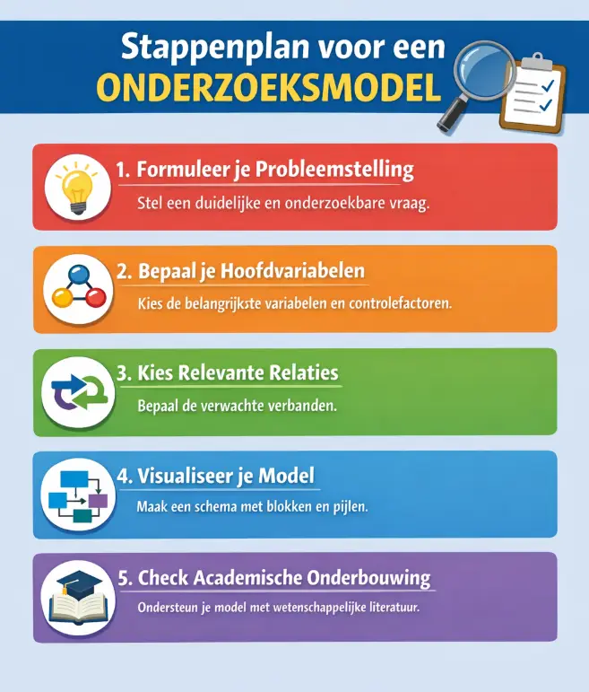 Wat is een onderzoeksmodel en hoe gebruik je het in je onderzoek? 22 Hoe stel je stap voor stap een onderzoeksmodel op